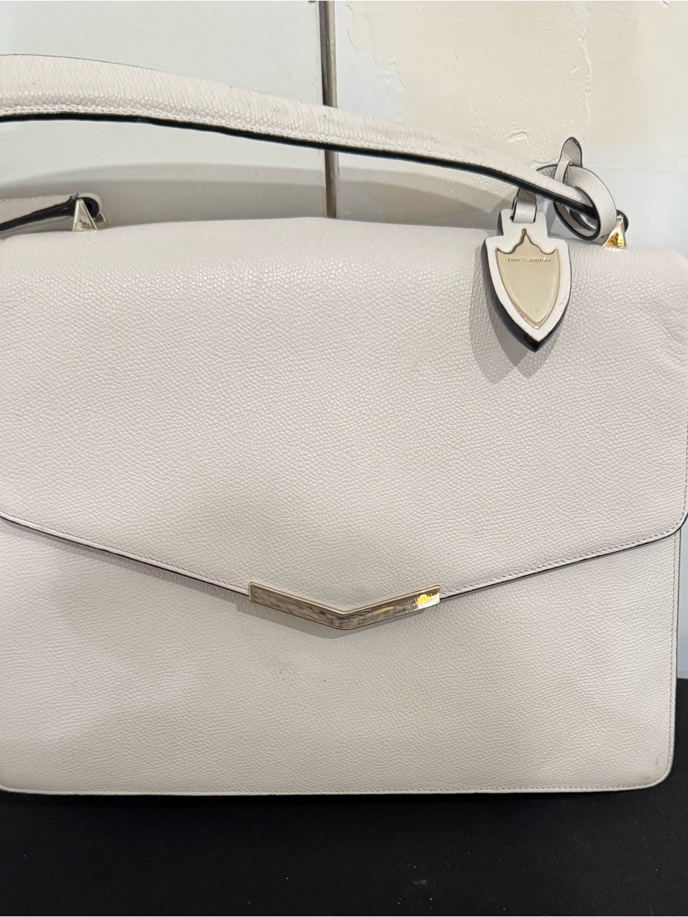 Time’s Arrow Cream Top Handle Satchel with Gold Accents